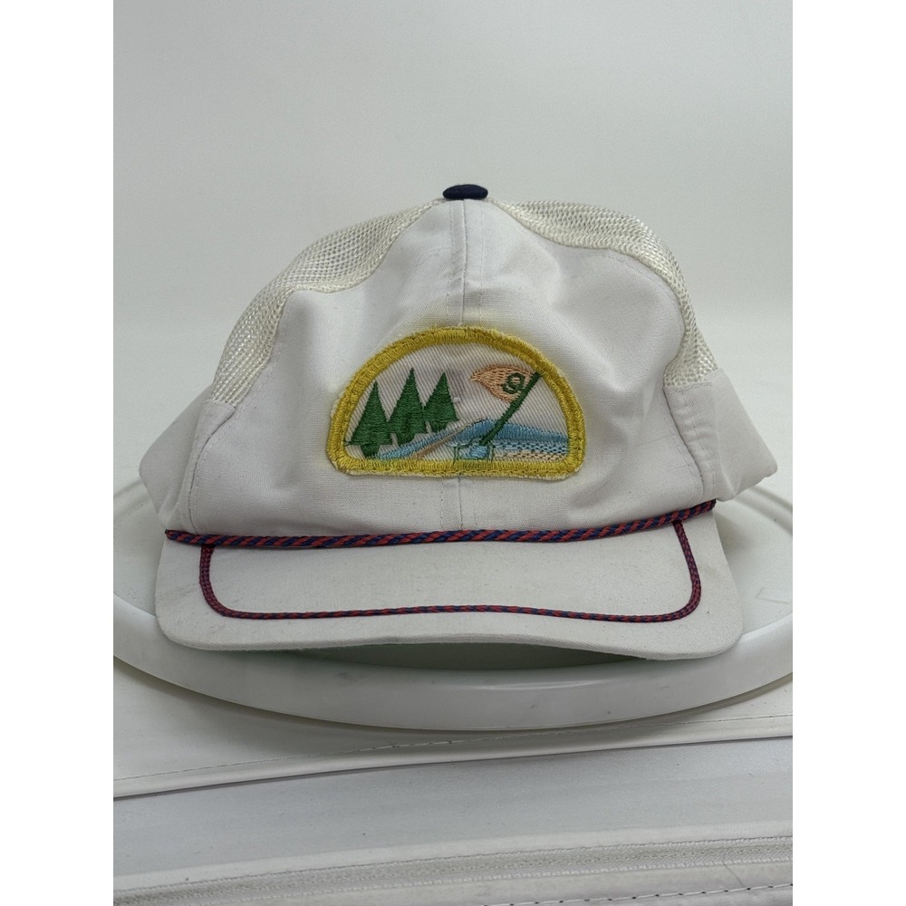 VINTAGE Golf Hat Cap Snap Back White Mesh Trucker Rope Patch Scenic Mens 80s